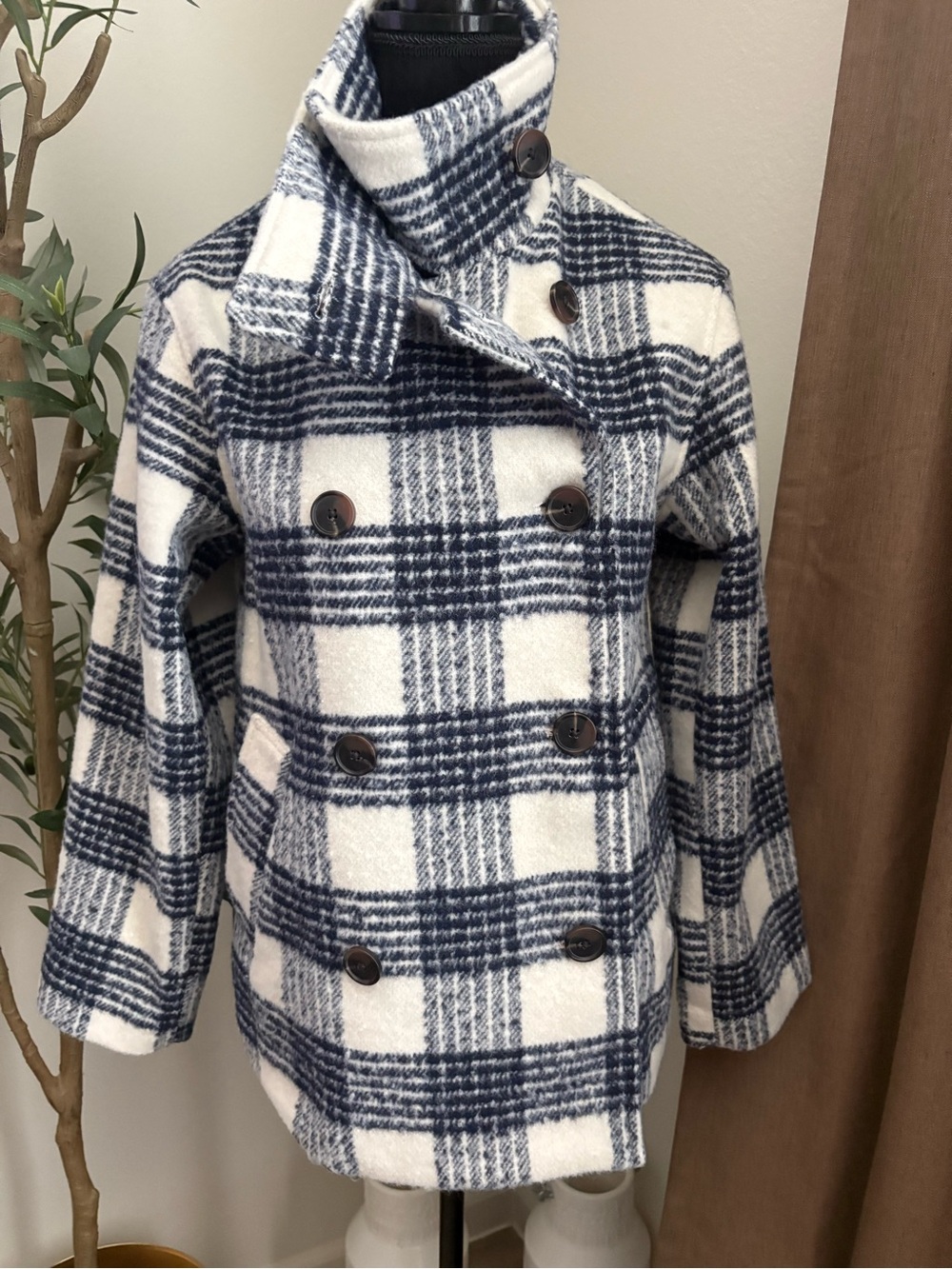 Women’s Navy & White Plaid Double-Breasted Coat